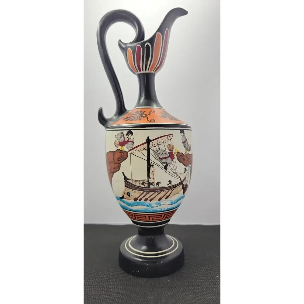 D Vassilopoulos Greek Ewer Vase 12” Hand Painted Greece Ancient Ship Pottery